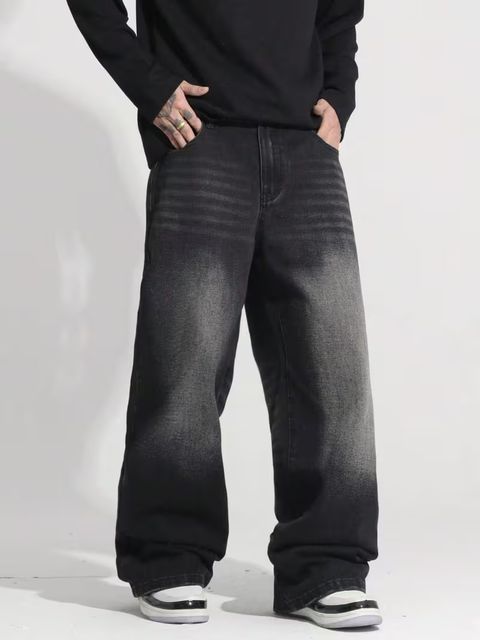 STAVVIN Men Wide Leg Mid Rise Black Jeans - Image 5