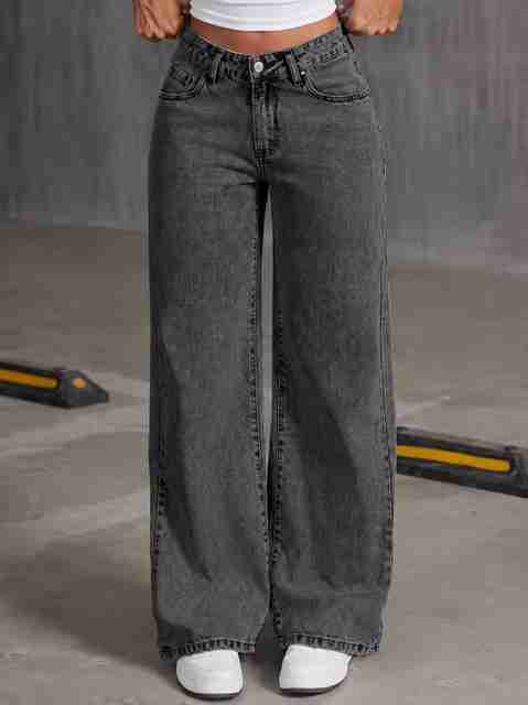 WOMANLACE Girls Wide Leg Mid Rise Dark Grey Jeans - Image 5