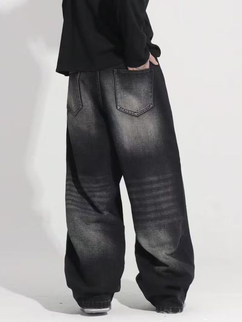 STAVVIN Men Wide Leg Mid Rise Black Jeans - Image 4