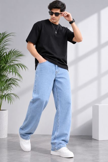 LEVORCE Men Baggy Fit Mid Rise Light Blue Jeans - Image 5