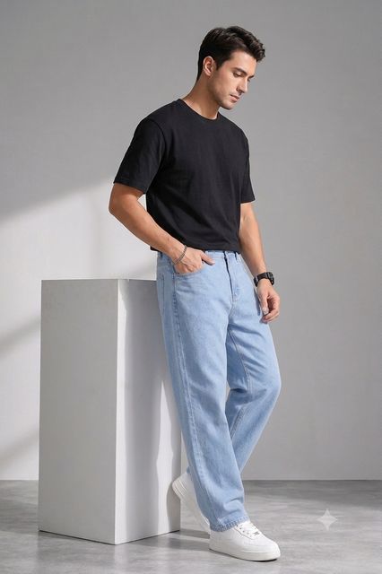 LEVORCE Men Baggy Fit Mid Rise Light Blue Jeans - Image 4