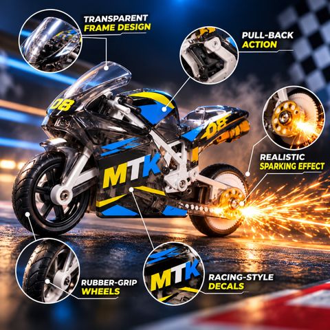 Printingg Nova Sparking Bike Keychain Pull Back Stunt Motorcycle Toy with Spark Effect (Random) Key Chain - Image 5