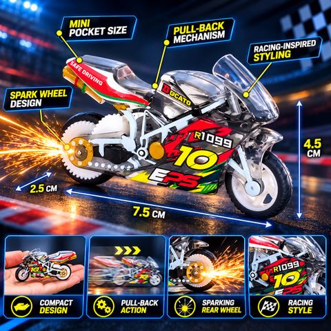 Printingg Nova Sparking Bike Keychain Pull Back Stunt Motorcycle Toy with Spark Effect (Random) Key Chain - Image 4