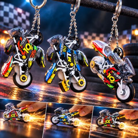 Printingg Nova Sparking Bike Keychain Pull Back Stunt Motorcycle Toy with Spark Effect (Random) Key Chain - Image 6