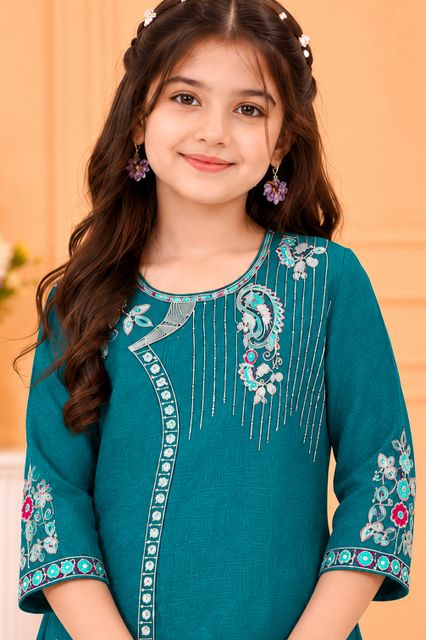 MOREFASHION Girls Festive & Party Kurta and Palazzo Set (Blue Pack of 1) - Image 8