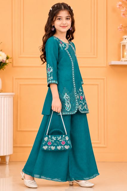 MOREFASHION Girls Festive & Party Kurta and Palazzo Set (Blue Pack of 1) - Image 7
