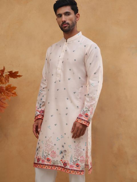 Jompers Printed Cotton Blend Straight Kurta for Men (Orange) - Image 4