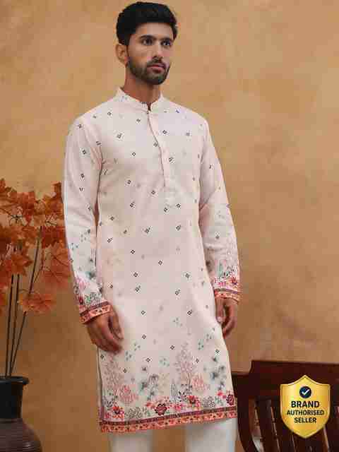 Jompers Printed Cotton Blend Straight Kurta for Men (Orange) - Image 2