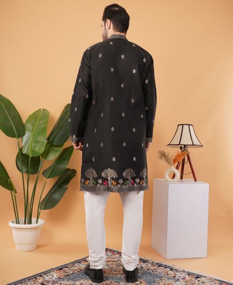 Svatantra Printed Jacquard Straight Kurta for Men (Black) - Image 5