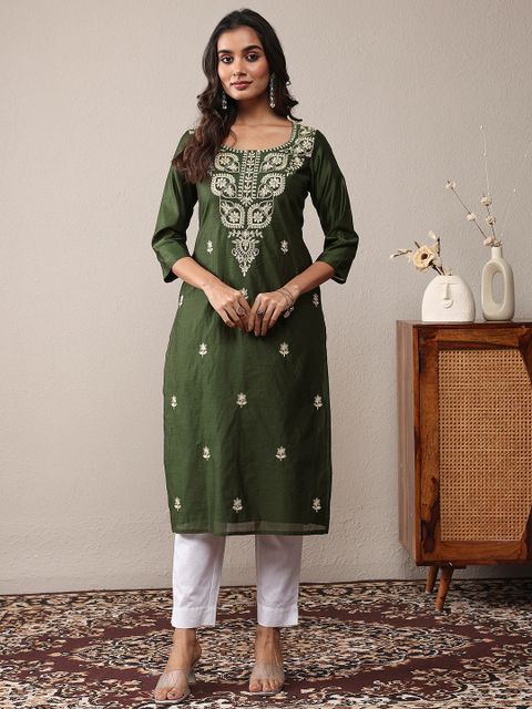 LIBAS Embroidered Chanderi Straight Kurta for Women (Green) - Image 8