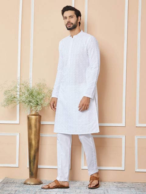 See Designs Embroidered Pure Cotton Straight Kurta for Men (White) - Image 6