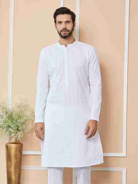 See Designs Embroidered Pure Cotton Straight Kurta for Men (White) - Image 5