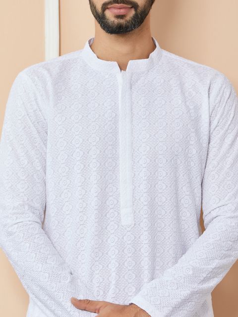 See Designs Embroidered Pure Cotton Straight Kurta for Men (White) - Image 8