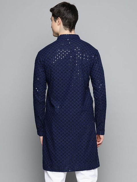 Blue Wish Men's Blue Chikan Embroidery Rayon Kurta - Image 7
