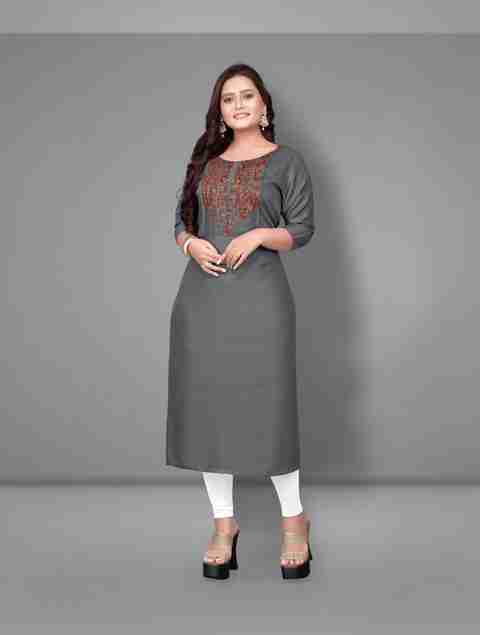 Hetsa Embroidered Viscose Rayon Straight Kurta for Women (Grey) - Image 5