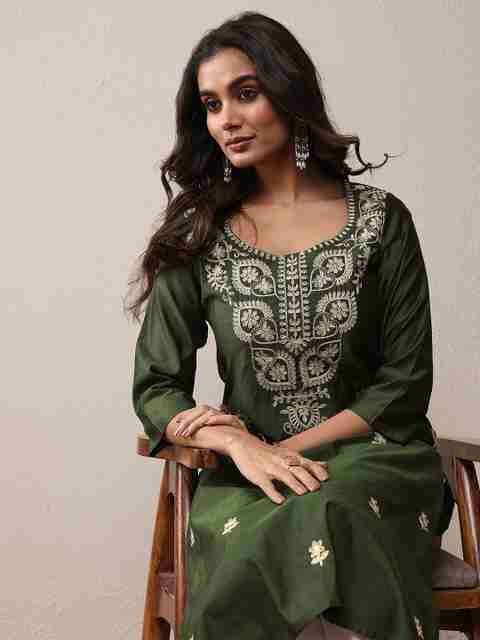 LIBAS Embroidered Chanderi Straight Kurta for Women (Green) - Image 5