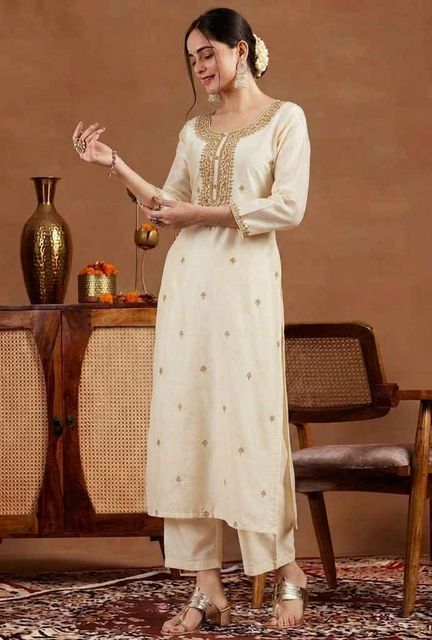 NARACHI TEXWORLD Embroidered Art Silk Straight Kurta for Women (Beige) - Image 7