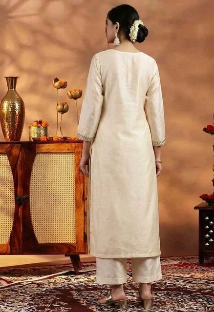 NARACHI TEXWORLD Embroidered Art Silk Straight Kurta for Women (Beige) - Image 6