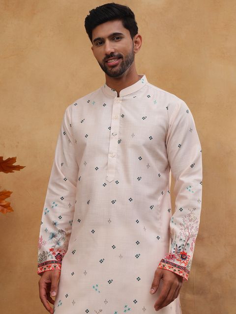 Jompers Printed Cotton Blend Straight Kurta for Men (Orange) - Image 6