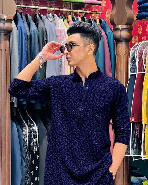 Blue Wish Men's Blue Chikan Embroidery Rayon Kurta - Image 6