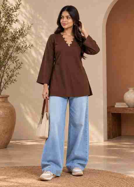 Deviraa Women's Brown Crepe Cotton Blend Tunic Kurta - Image 5