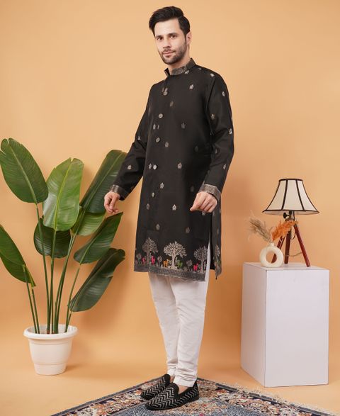 Svatantra Printed Jacquard Straight Kurta for Men (Black) - Image 6