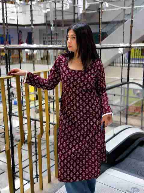 USCJ Printed Viscose Rayon Straight Kurta for Women (Maroon) - Image 2