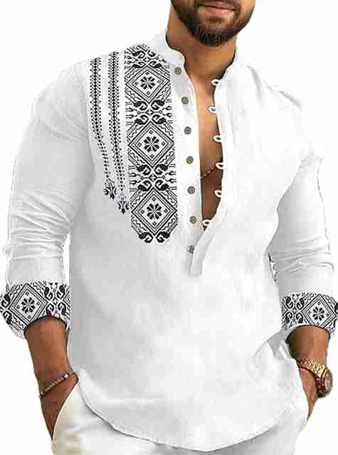 DIMMY Printed Cotton Blend A-line Kurta for Men (White) - Image 5