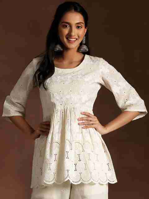 LIBAS Embroidered Pure Cotton A-line Kurta for Women (White) - Image 5