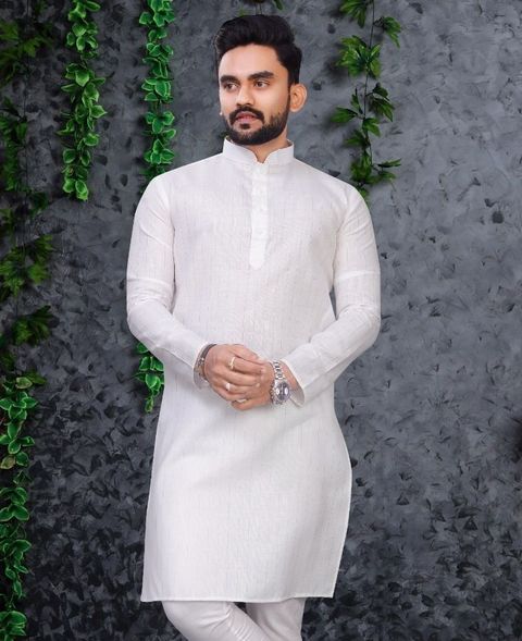 CELLUX Striped Cotton Blend Straight Kurta for Men (White) - Image 6