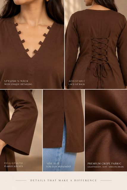 Deviraa Women's Brown Crepe Cotton Blend Tunic Kurta - Image 7