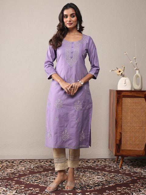 LIBAS Embroidered Chanderi Straight Kurta (Purple) - Image 8