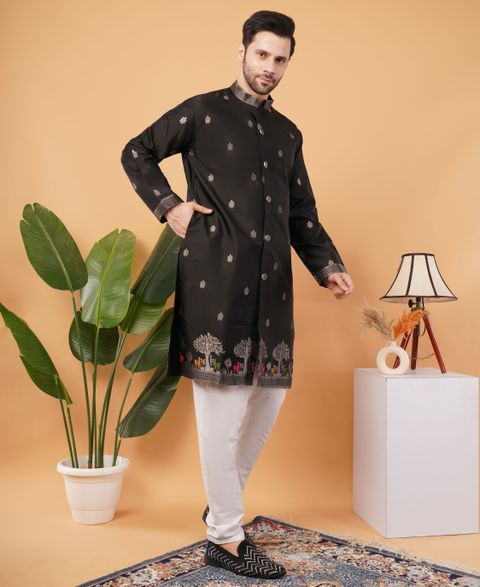 Svatantra Printed Jacquard Straight Kurta for Men (Black) - Image 7
