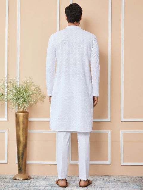 See Designs Embroidered Pure Cotton Straight Kurta for Men (White) - Image 7