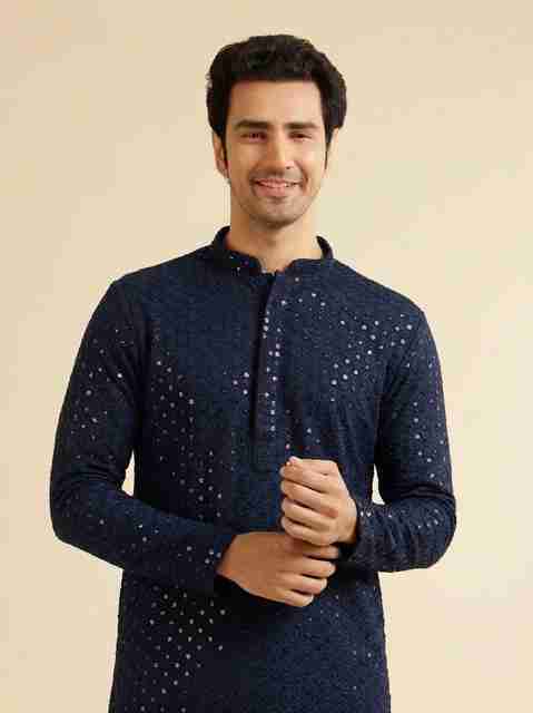 KriKan Embellished Cotton Rayon Straight Kurta for Men (Blue) - Image 2