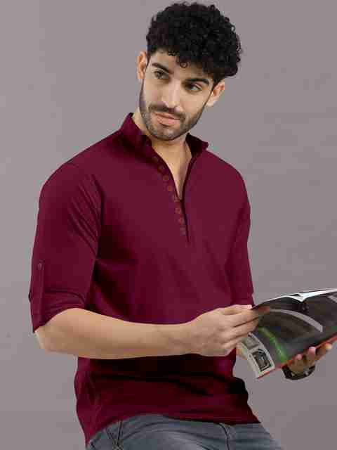 VTEXX Men's Solid Cotton Blend Straight Kurta (Maroon) - Image 5
