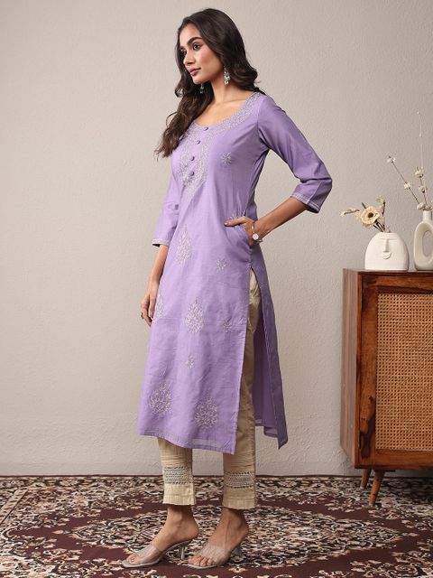 LIBAS Embroidered Chanderi Straight Kurta (Purple) - Image 7