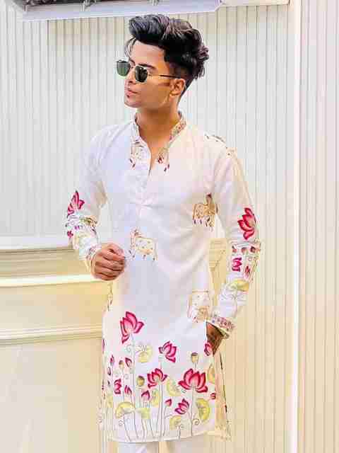 GRATITUDE ROCK Printed, Floral Print Cotton Silk Straight Kurta for Men (White, Multicolor) - Image 5
