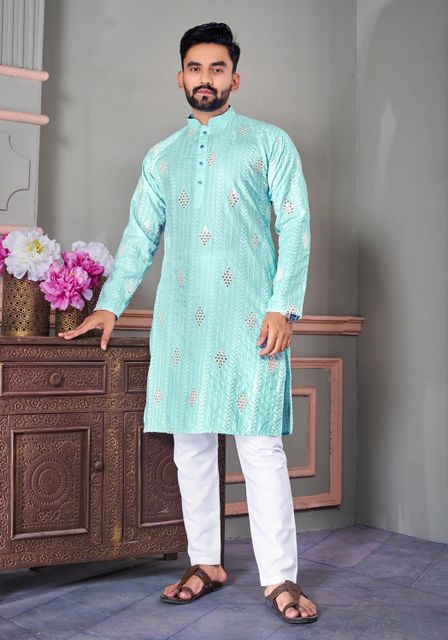 Lazzly Embroidered Cotton Blend Straight Kurta for Men (Blue) - Image 6