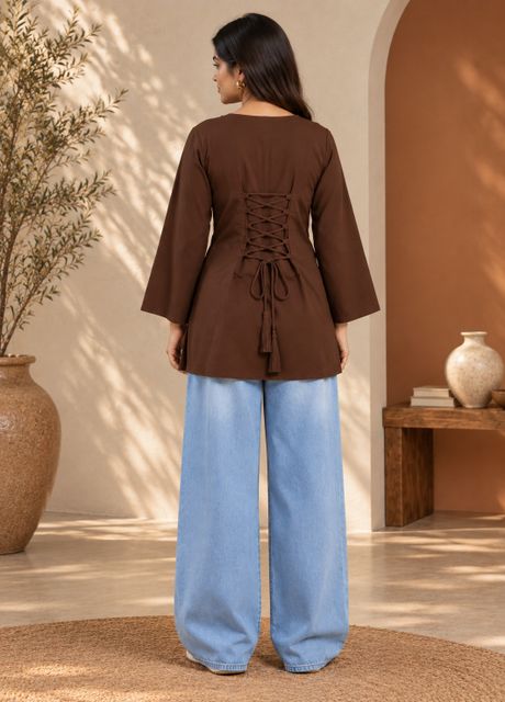 Deviraa Women's Brown Crepe Cotton Blend Tunic Kurta - Image 6