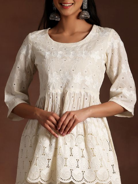 LIBAS Embroidered Pure Cotton A-line Kurta for Women (White) - Image 8
