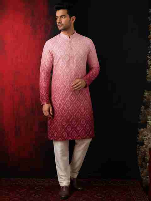 ORIFAB Printed Silk Blend Straight Kurta for Men (Pink) - Image 5