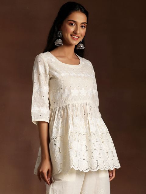 LIBAS Embroidered Pure Cotton A-line Kurta for Women (White) - Image 6