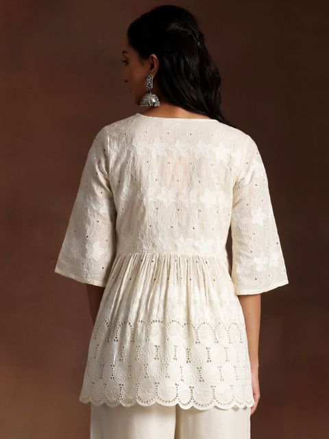 LIBAS Embroidered Pure Cotton A-line Kurta for Women (White) - Image 7