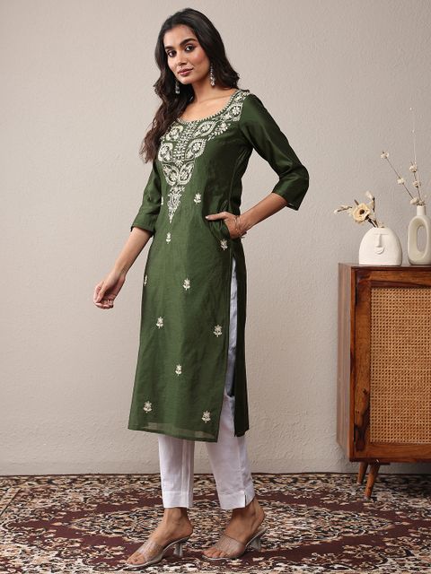 LIBAS Embroidered Chanderi Straight Kurta for Women (Green) - Image 7