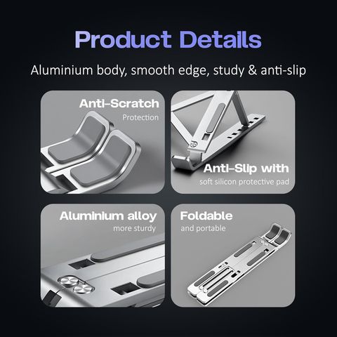 Frodiox Aluminum 6 Adjustable Foldable Portable Laptop Stand Desktop Tablet Stand FR24 Aluminium Rotatable Laptop Stand with Adjustable Height Compatible with Universal Laptops (Silver) - Image 7