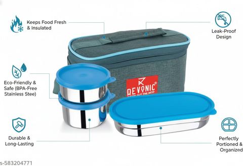 revonic Stainless Steel Lunch Box with 1000 ML Water Bottle & Lunch Bag 3 Containers Stainless Steel Office Lunch Box (500 ml) - Image 8