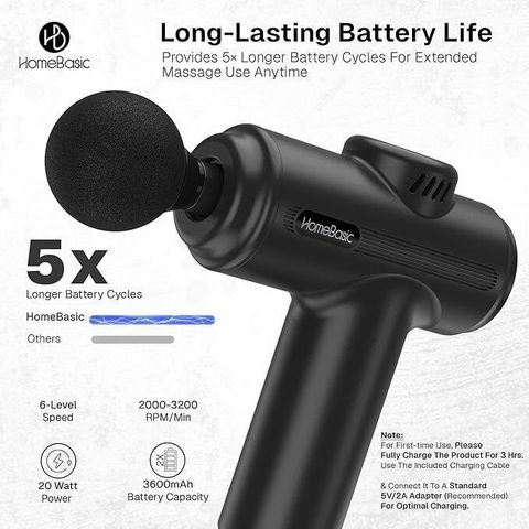 HOMEBASIC HB-M3 Deep Tissue Massage Gun for Pain Relief| Cordless, 8 Heads, 6-Speeds, 3200 RPM Massager (Black) - Image 6
