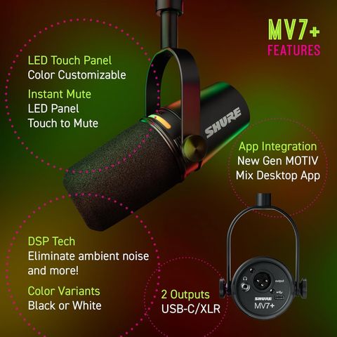 Shure MV7+ Podcast Microphone. Enhanced Audio, LED Touch Panel