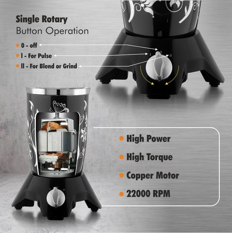 cookwell Bullet 600 W Juicer Mixer Grinder (Push + Knob | 5 Jars | Black Flower) - Image 4